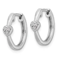 A pair of silver hoop earrings with heart-shaped diamond accents, shown from the front at slightly different angles.