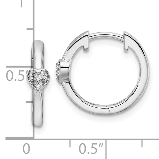 Silver hoop earrings with heart-shaped diamond accents, shown from front and side views with a measurement scale indicating approximately 0.5 inches in diameter.