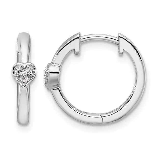Pair of silver hoop earrings with hinged backs, one featuring a small heart-shaped setting with diamond accents on the front.