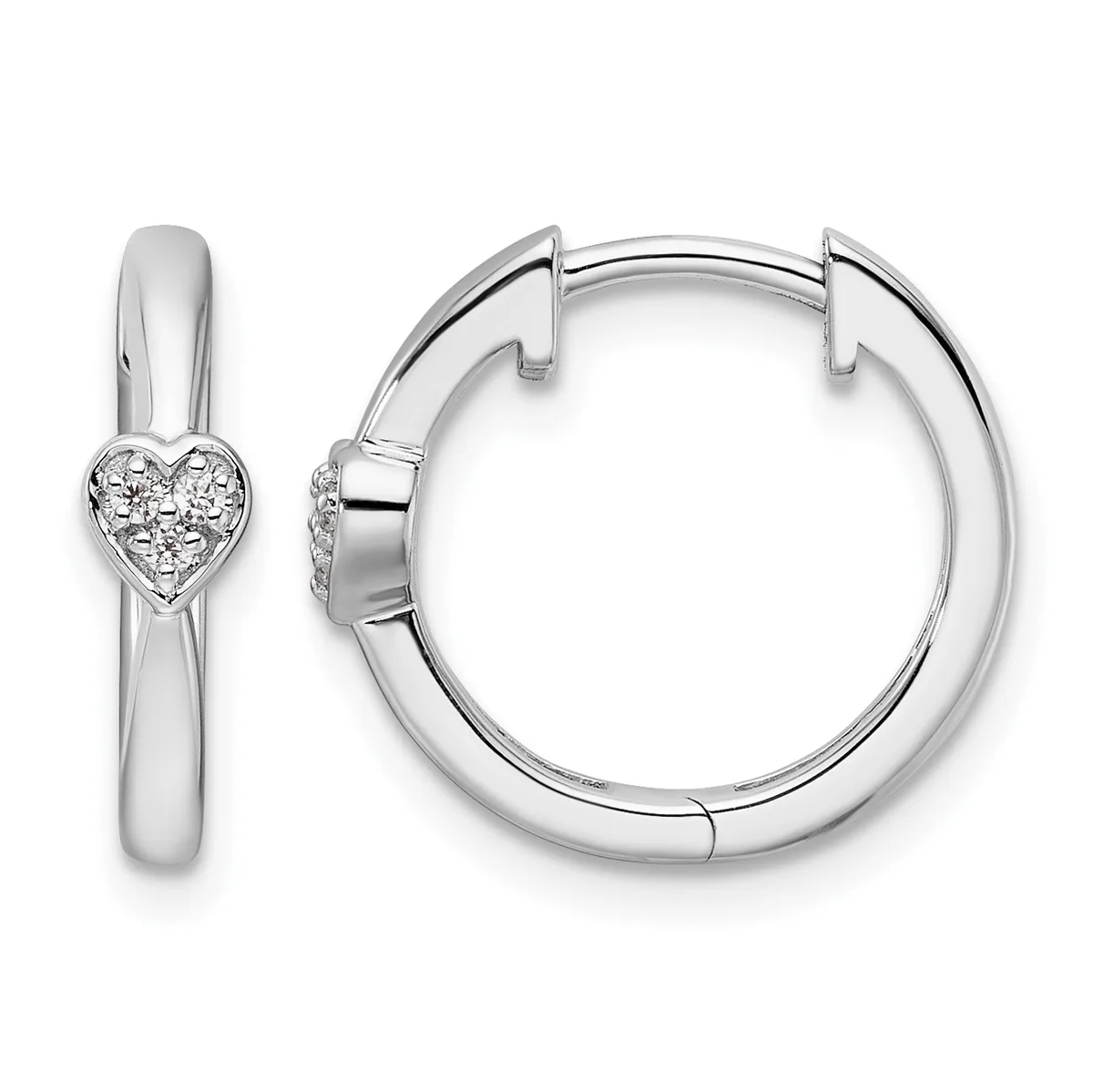 Pair of silver hoop earrings with hinged backs, one featuring a small heart-shaped setting with diamond accents on the front.