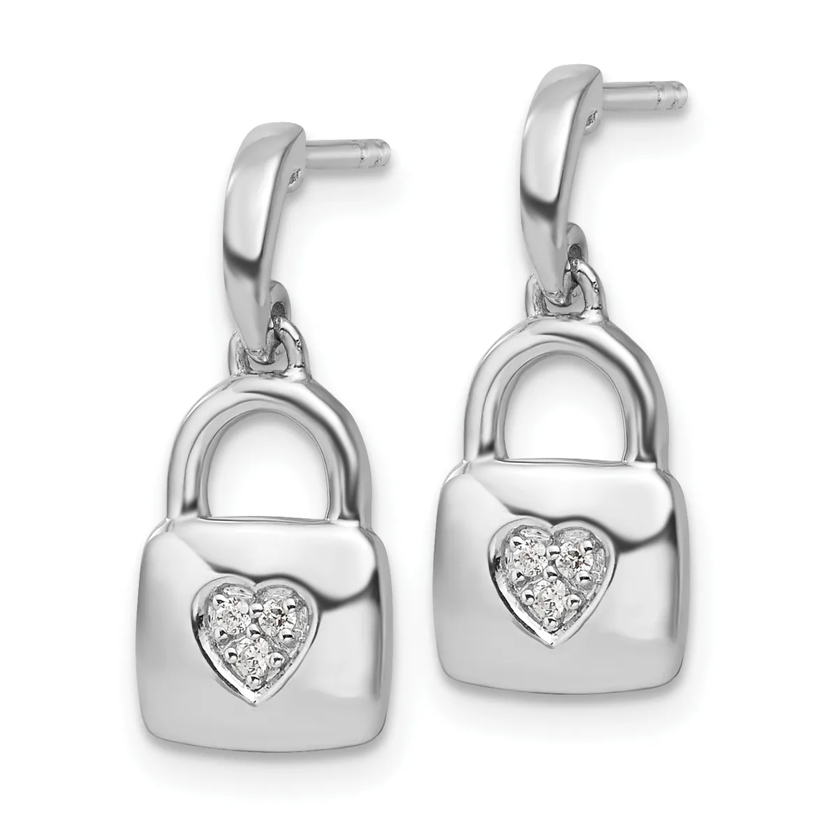 A pair of silver padlock-shaped dangle earrings with heart-shaped diamond settings on the front and curved posts with backs.