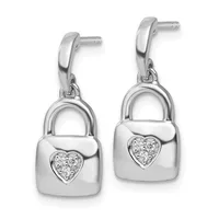 A pair of silver padlock-shaped dangle earrings with heart-shaped diamond settings on the front and curved posts with backs.