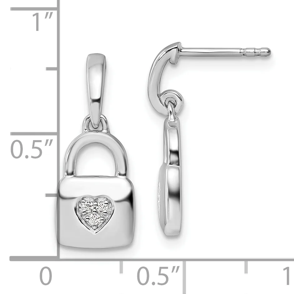 Sterling silver earrings featuring a padlock charm with a heart-shaped diamond accent, shown with measurement scale.