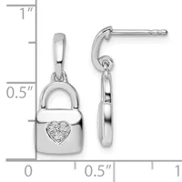 Sterling silver earrings featuring a padlock charm with a heart-shaped diamond accent, shown with measurement scale.