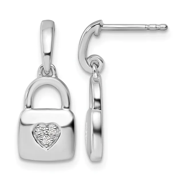 Sterling silver padlock pendant with heart-shaped diamond accent shown front and side view, suspended from curved hook earring posts with posts and backs visible.