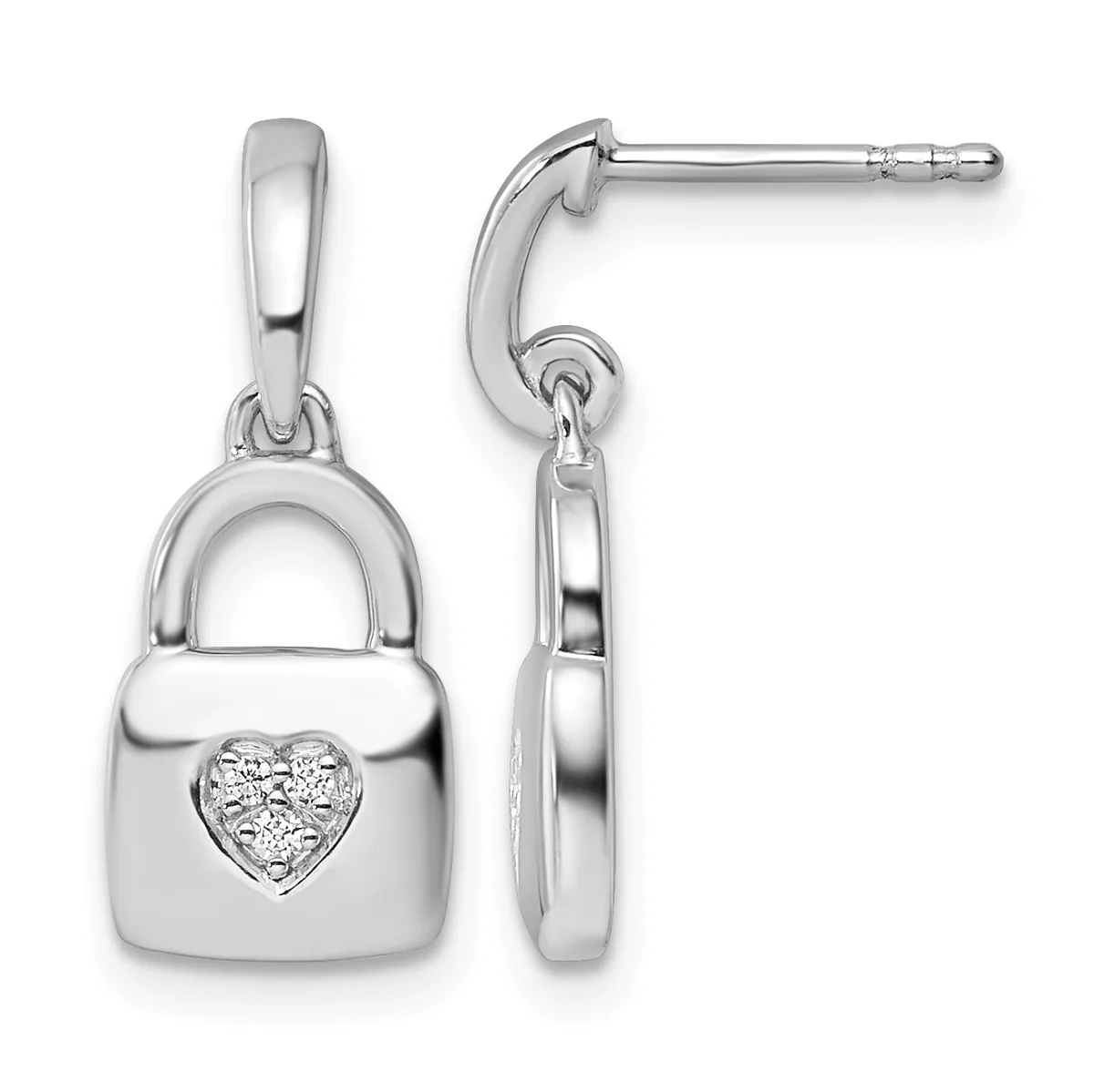 Sterling silver padlock pendant with heart-shaped diamond accent shown front and side view, suspended from curved hook earring posts with posts and backs visible.