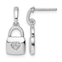 Sterling silver padlock pendant with heart-shaped diamond accent shown front and side view, suspended from curved hook earring posts with posts and backs visible.