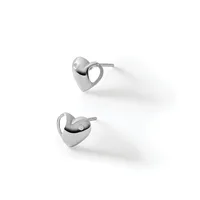 A pair of polished silver heart-shaped stud earrings with small diamond accents, displayed against a white background.