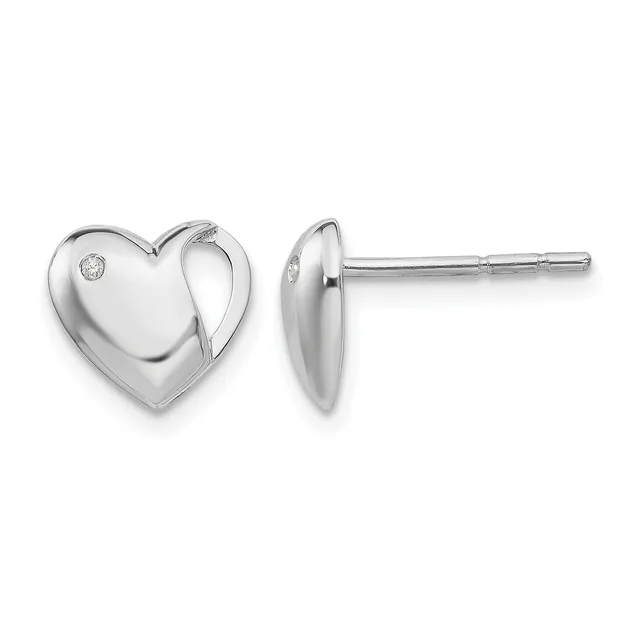 A pair of polished silver heart-shaped stud earrings with small diamond accents, shown from front and side views.