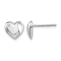 A pair of polished silver heart-shaped stud earrings with small diamond accents, shown from front and side views.