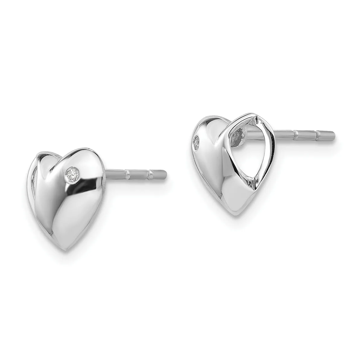 A pair of polished silver heart-shaped stud earrings with small diamond accents, shown from front and back views.