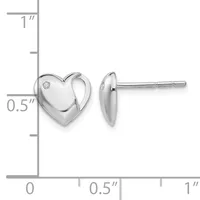 A pair of polished silver heart-shaped stud earrings with small diamonds, displayed on a ruler showing approximately half-inch dimensions.