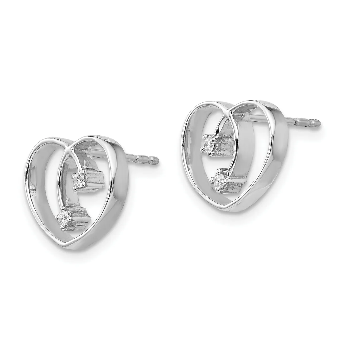 Pair of silver heart-shaped stud earrings with small round diamond accents, shown from front and side angles.