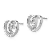 Pair of silver heart-shaped stud earrings with small round diamond accents, shown from front and side angles.
