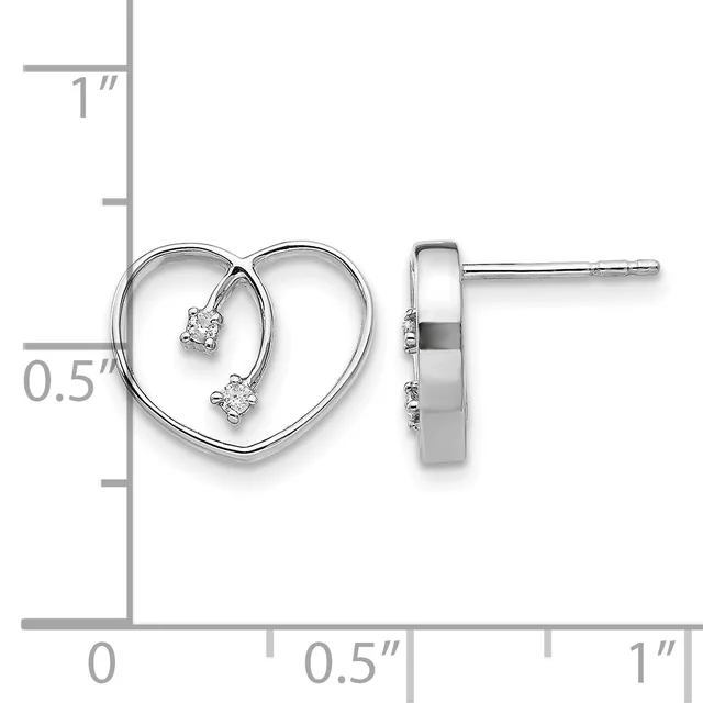 A pair of silver heart-shaped stud earrings with small diamonds, shown front and side view next to a ruler measuring approximately half an inch in height.