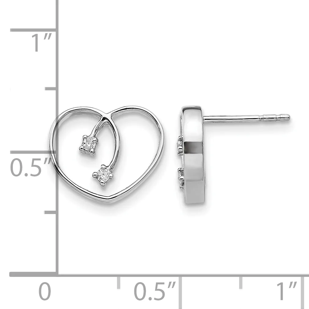 A pair of silver heart-shaped stud earrings with small diamonds, shown front and side view next to a ruler measuring approximately half an inch in height.