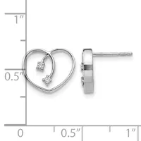 A pair of silver heart-shaped stud earrings with small diamonds, shown front and side view next to a ruler measuring approximately half an inch in height.