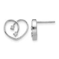 Pair of silver heart-shaped stud earrings with two small round diamonds suspended inside each heart outline, shown from front and side views.