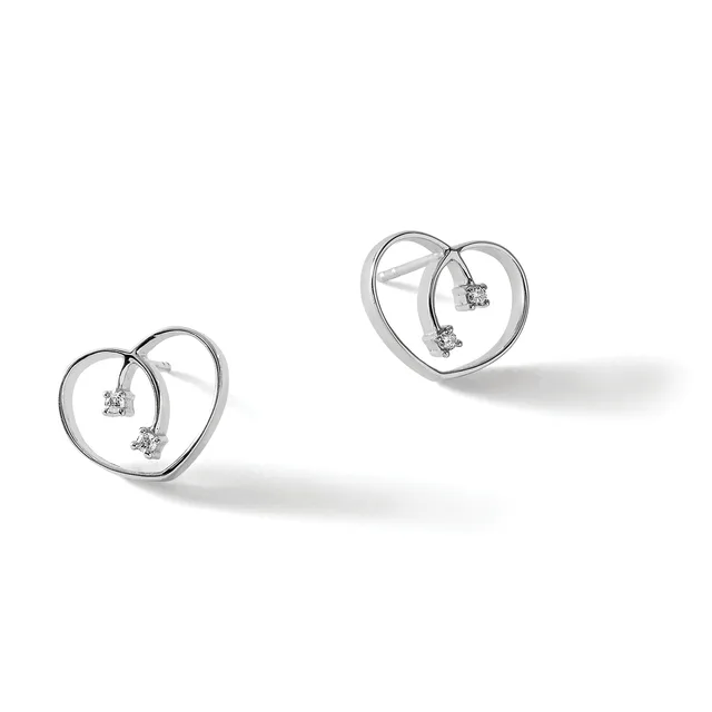 Two silver heart-shaped earrings with small diamond studs hanging inside each heart outline, shown at different sizes against a white background.