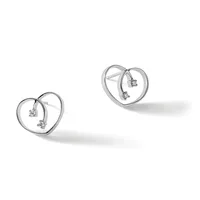 Two silver heart-shaped earrings with small diamond studs hanging inside each heart outline, shown at different sizes against a white background.