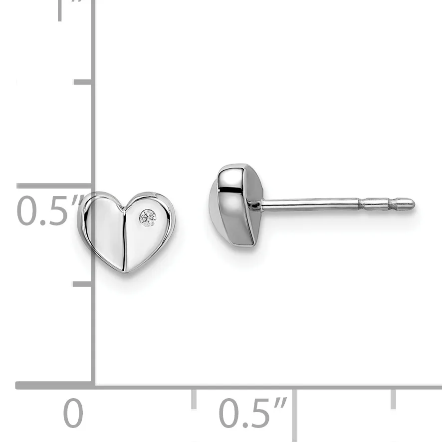 A pair of small heart-shaped stud earrings with a diamond accent, shown front and back views with a measurement scale indicating approximately 0.5 inches in height.