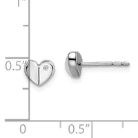A pair of small heart-shaped stud earrings with a diamond accent, shown front and back views with a measurement scale indicating approximately 0.5 inches in height.