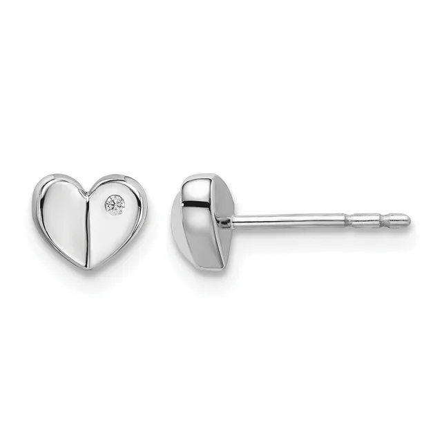Pair of polished silver heart-shaped stud earrings with small diamonds, shown from front and side views on posts.