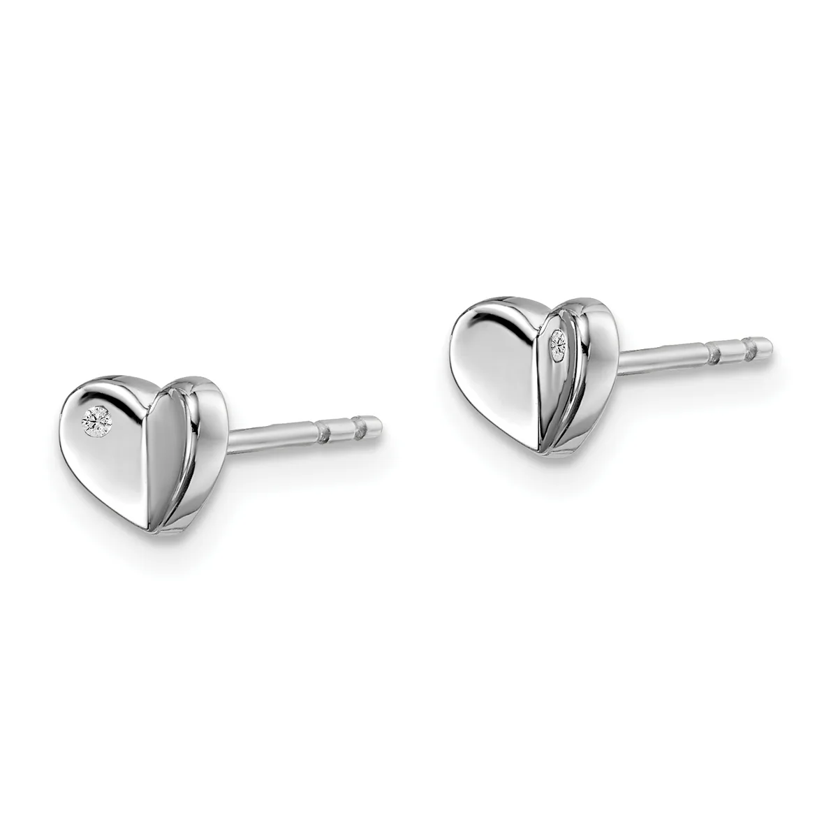 A pair of silver heart-shaped stud earrings with small diamond accents, shown from the front against a white background.