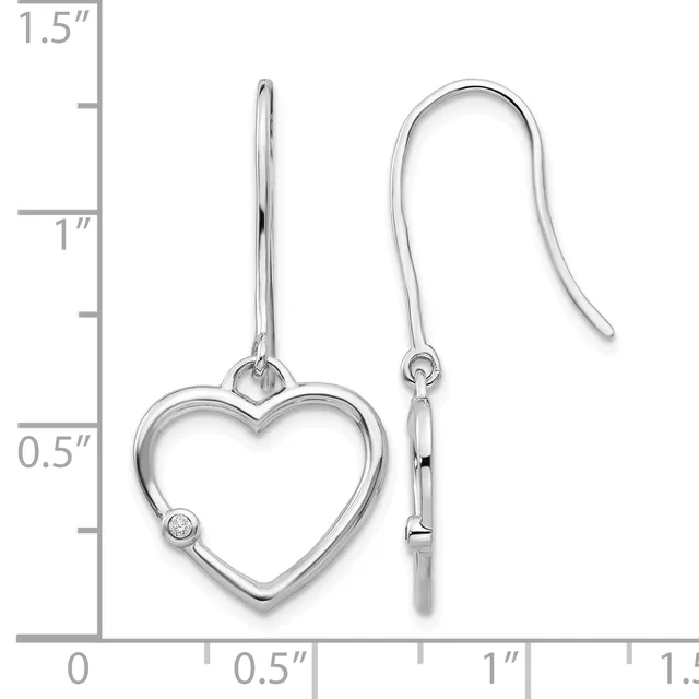Silver heart-shaped dangle earrings with small round stones, shown next to a measurement ruler indicating approximately 1.5 inches in total length.