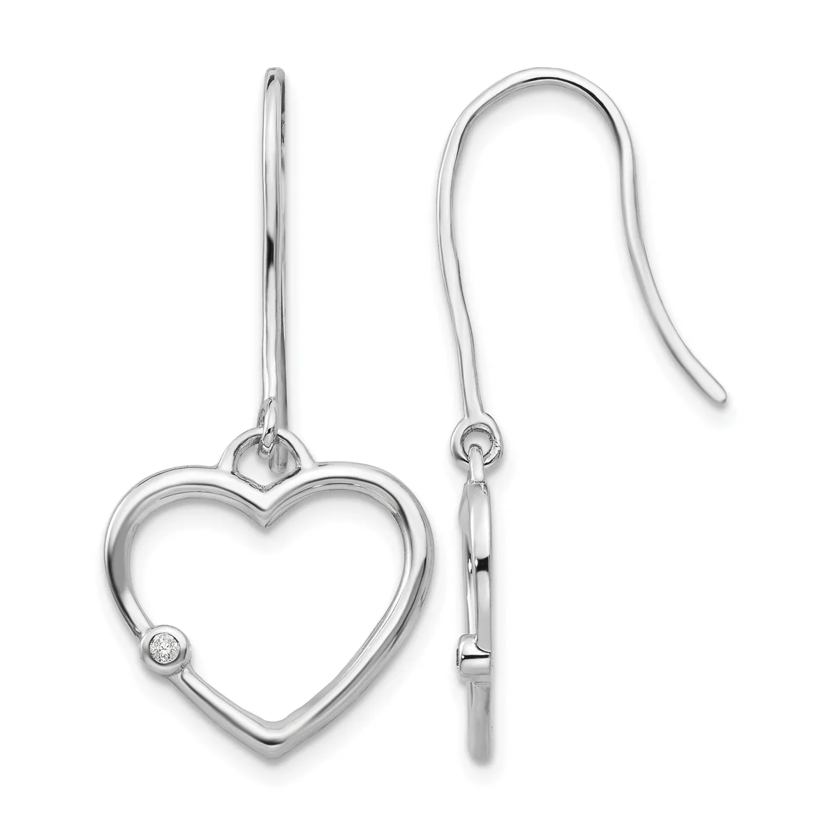 Pair of silver heart-shaped dangle earrings with fish hook wires and small round diamond accents, shown from front and side views.