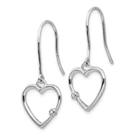 A pair of silver heart-shaped dangle earrings with hook closures, each heart featuring a small diamond accent.