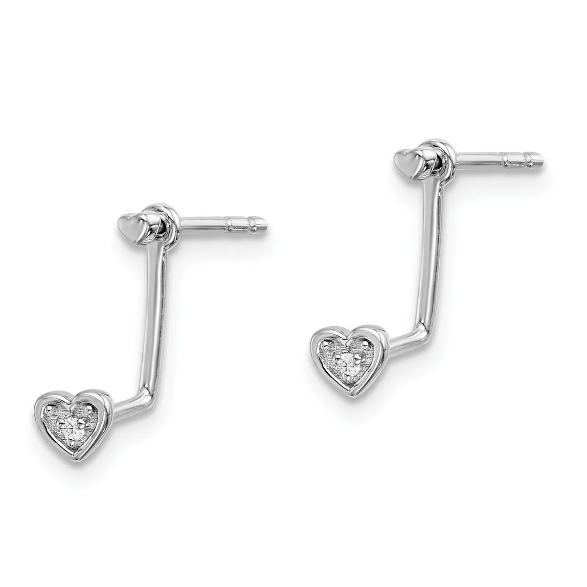 Pair of silver drop earrings with heart-shaped diamond pendants hanging from curved bars, shown against a white background.