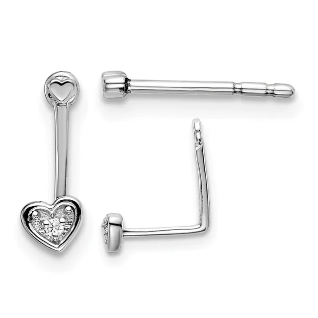 A pair of silver earrings featuring heart-shaped designs, one with a smooth polished heart on a post and one with a textured heart charm hanging from a curved wire hoop.