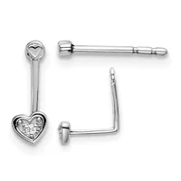 A pair of silver earrings featuring heart-shaped designs, one with a smooth polished heart on a post and one with a textured heart charm hanging from a curved wire hoop.
