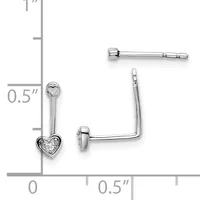 Silver earrings with heart-shaped diamond centers shown at actual size next to a measurement scale in inches.