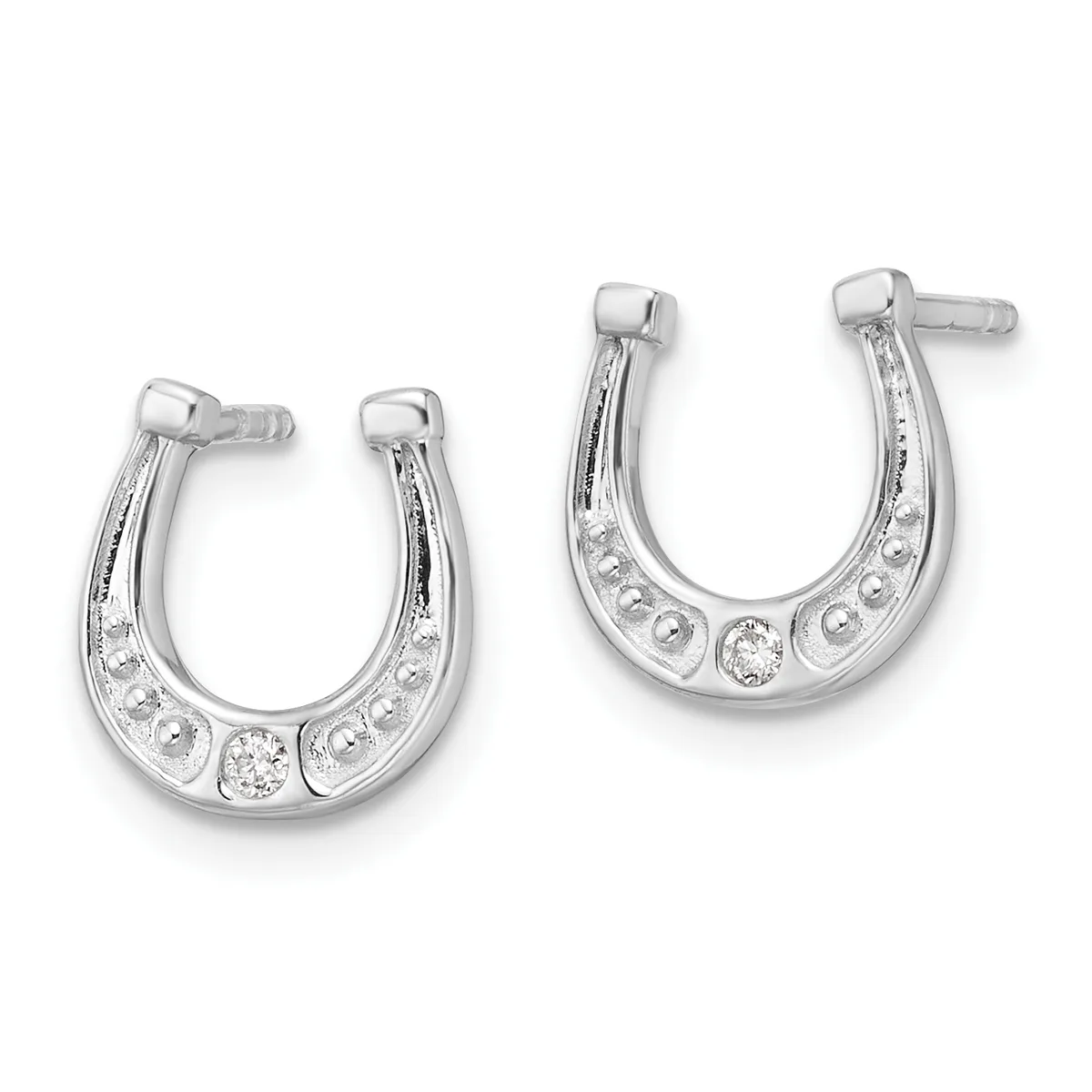 Pair of silver horseshoe-shaped hoop earrings with cubic zirconia stones set along the curved bottom, shown from the front against a white background.