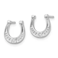 Pair of silver horseshoe-shaped hoop earrings with cubic zirconia stones set along the curved bottom, shown from the front against a white background.