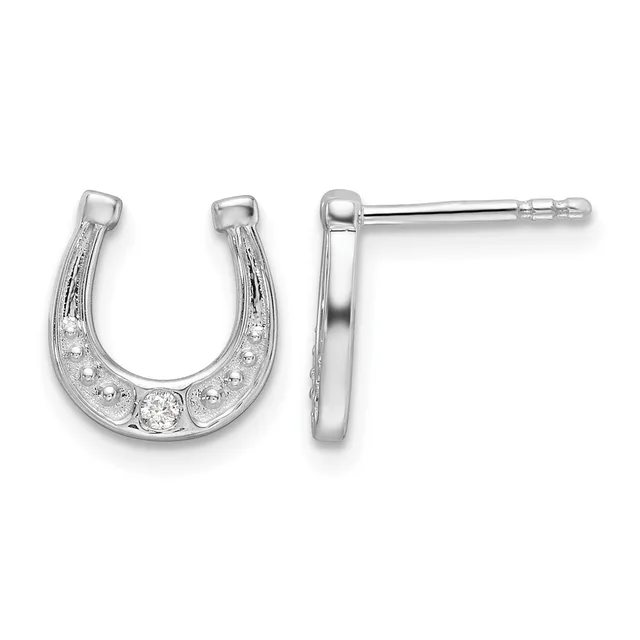 A pair of silver horseshoe-shaped stud earrings with cubic zirconia stones set along the curved bottom, shown from front and side views.