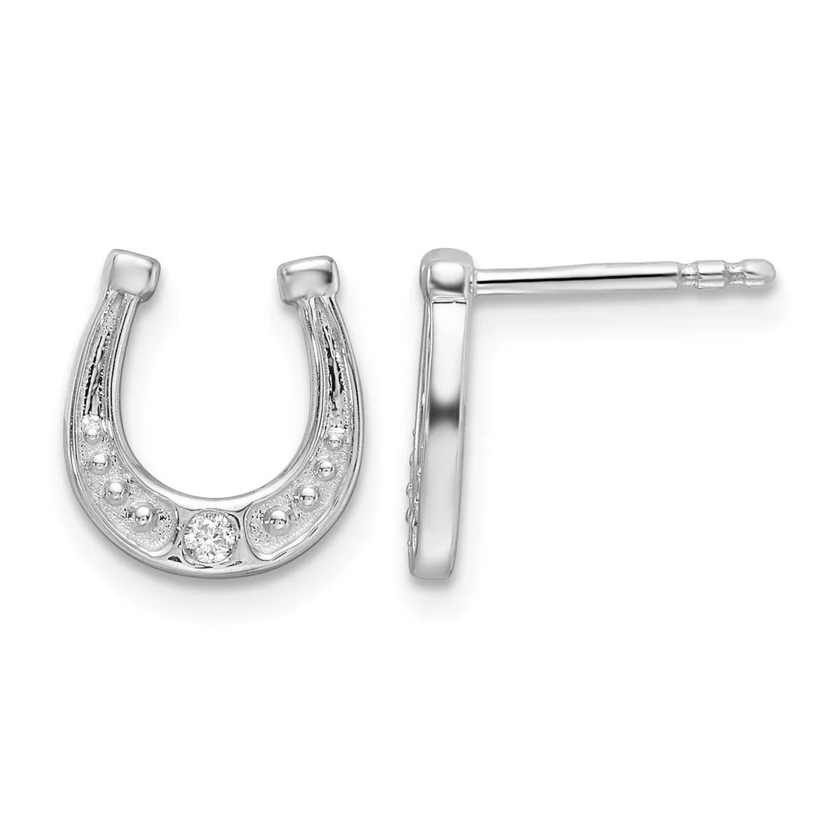 A pair of silver horseshoe-shaped stud earrings with cubic zirconia stones set along the curved bottom, shown from front and side views.
