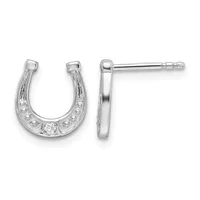 A pair of silver horseshoe-shaped stud earrings with cubic zirconia stones set along the curved bottom, shown from front and side views.