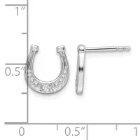 A pair of silver horseshoe-shaped stud earrings with cubic zirconia stones set along the curved surface, displayed against a measurement scale showing approximately 0.5 inches in height.