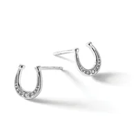 Pair of silver horseshoe-shaped stud earrings set with clear rhinestones along the curved bottom, displayed on a white background.