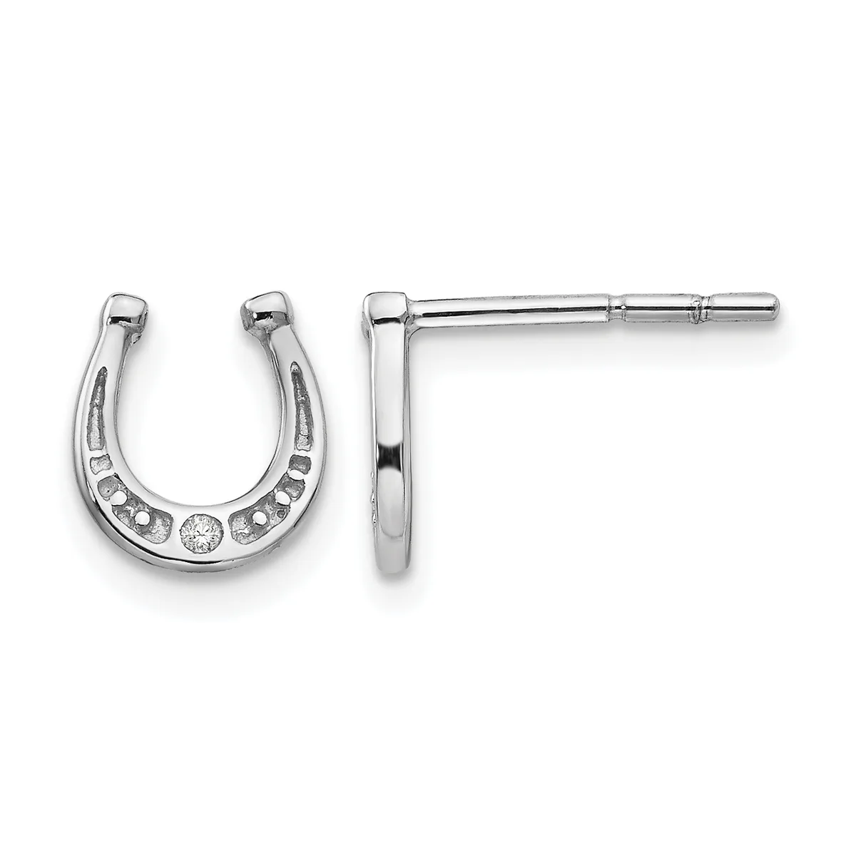 A pair of silver horseshoe-shaped stud earrings with small diamonds set along the curved bottom, displayed against a white background.