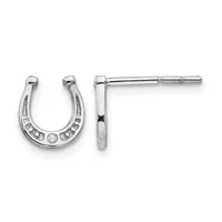 A pair of silver horseshoe-shaped stud earrings with small diamonds set along the curved bottom, displayed against a white background.