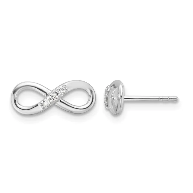 A pair of silver infinity symbol stud earrings with diamond accents along the center bar, shown from front and side views.