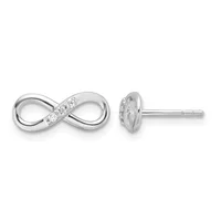 A pair of silver infinity symbol stud earrings with diamond accents along the center bar, shown from front and side views.