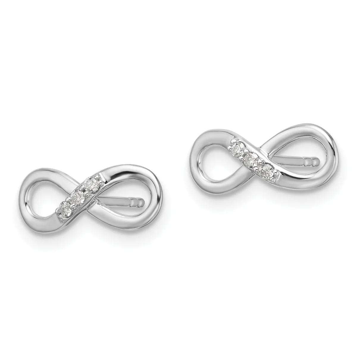 A pair of silver infinity symbol stud earrings with diamond accents across the center bridge, shown from the front on a white background.