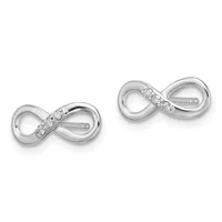 A pair of silver infinity symbol stud earrings with diamond accents across the center bridge, shown from the front on a white background.