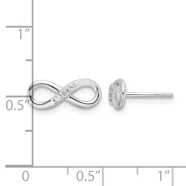 Silver infinity symbol stud earrings with diamond accents, shown front and back view next to a ruler indicating approximately half-inch width.