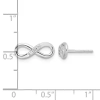 Silver infinity symbol stud earrings with diamond accents, shown front and back view next to a ruler indicating approximately half-inch width.